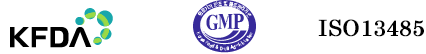 DUEBA が取得している品質基準ライセンスのマーク（KFDA・GMP・ISO13485）